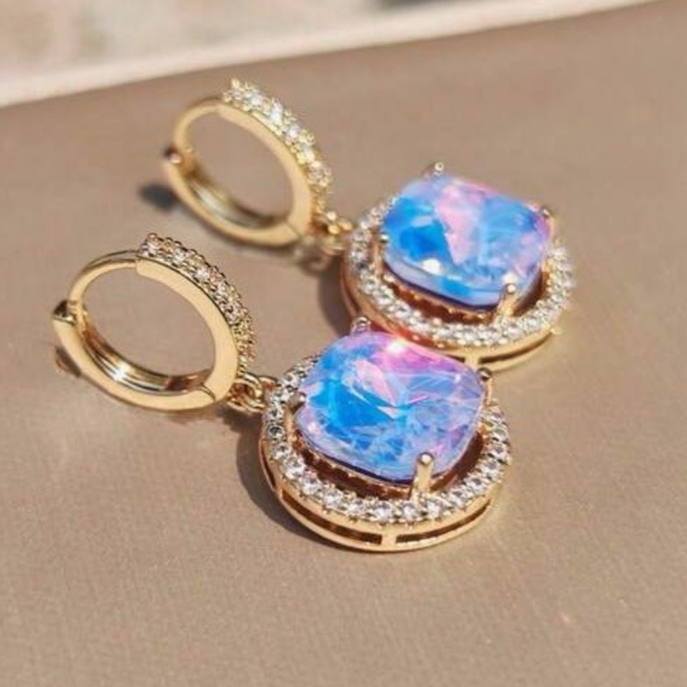 Glam Purple Milky Opalite, Round Cubic Zirconia Iridescent Gold tone Earrings